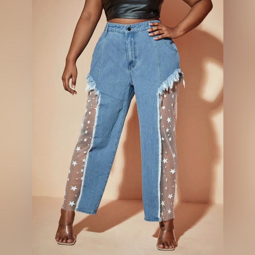 Plus Sheer Star Mesh Insert Wide Leg Jeans